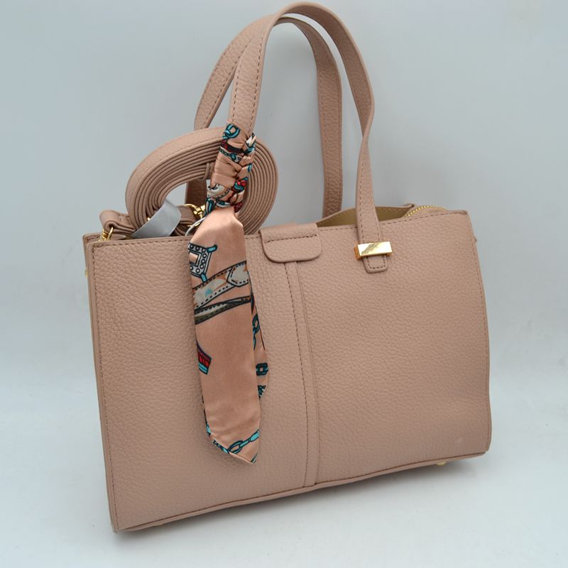 Pebbled Tote Bag with Dual Top Handles and Scarf Accent - Mauve - Tote Bag