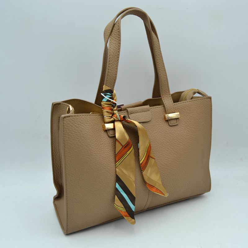 Pebbled Tote Bag with Dual Top Handles and Scarf Accent - Taupe - Tote Bag
