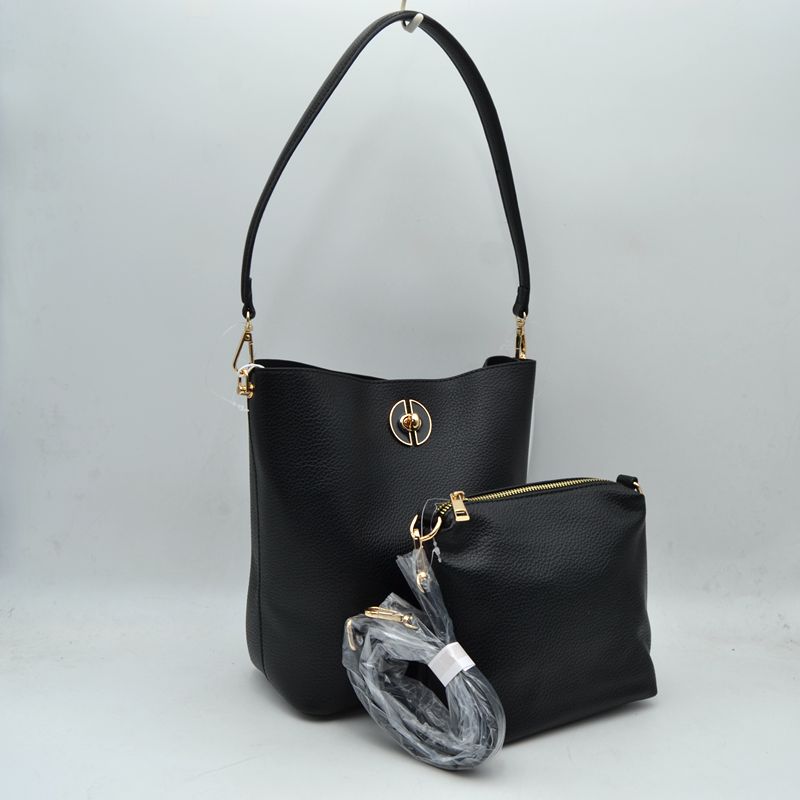 Pebbled Bucket Bag and Crossbody Pouch Set with Circular Lock Accent - Black - Bucket Bag