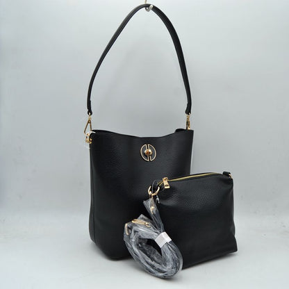 Pebbled Bucket Bag and Crossbody Pouch Set with Circular Lock Accent - Black - Bucket Bag