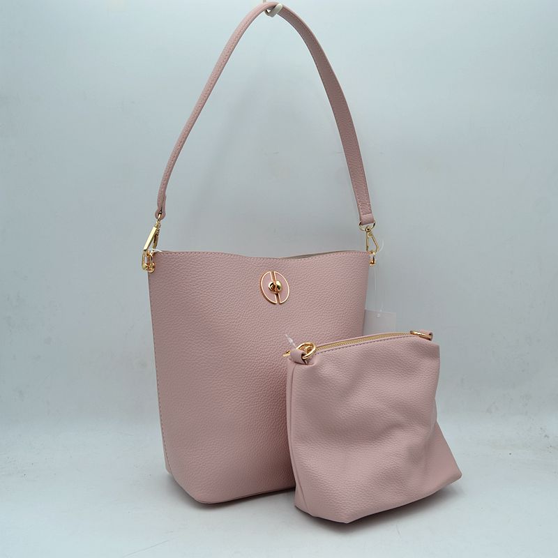 Pebbled Bucket Bag and Crossbody Pouch Set with Circular Lock Accent - Pink - Bucket Bag