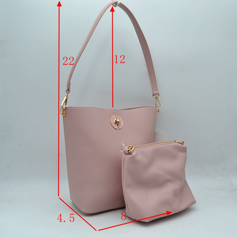 Pebbled Bucket Bag and Crossbody Pouch Set with Circular Lock Accent - Bucket Bag