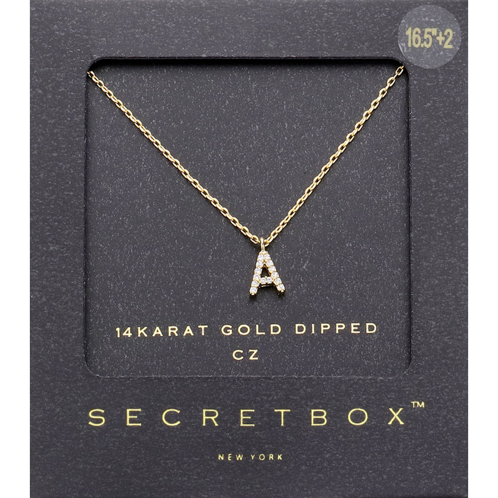 ~A~, Gold -A- Secret Box _ 14K Gold Dipped CZ Initial Monogram Pendant Necklace