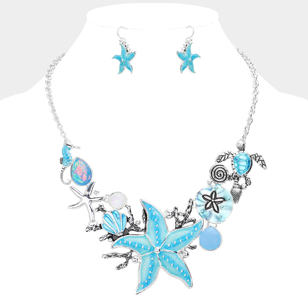 Antique Silver, Blue Antique Metal Starfish Sea Turtle Seahorse Shell Sand Dollar Necklace
