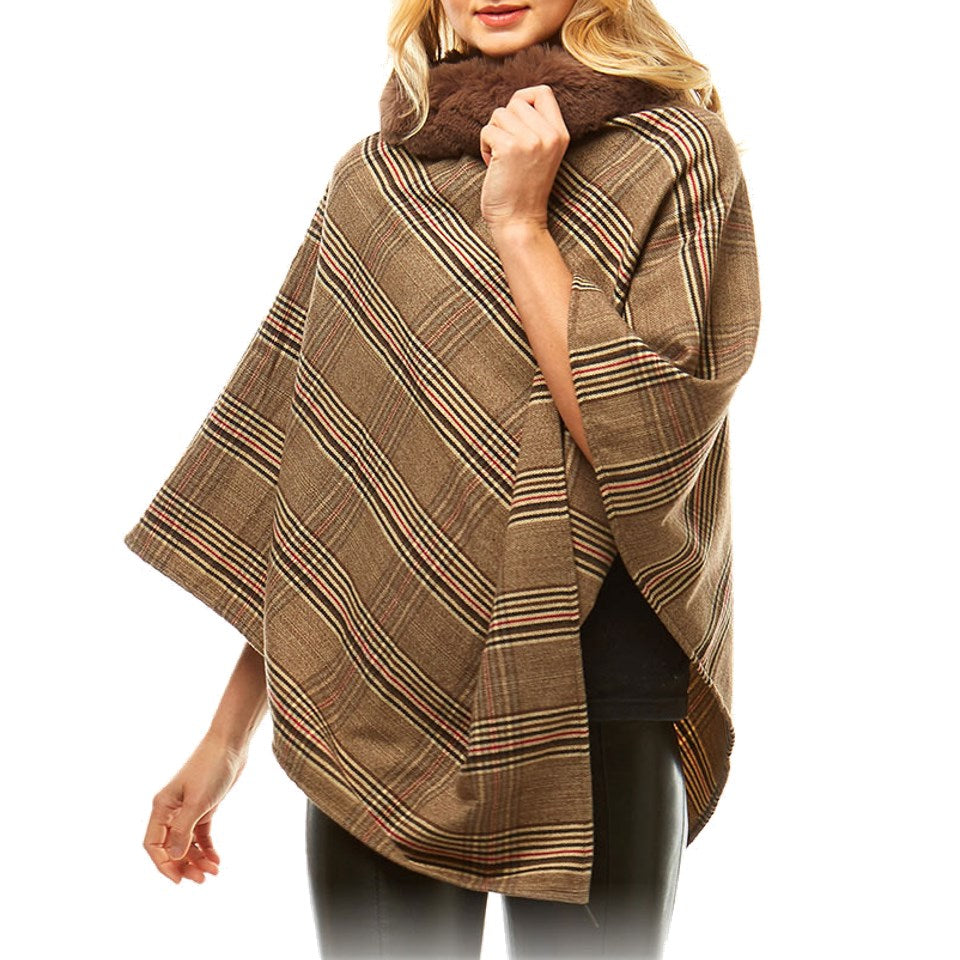Cozy Warm Plaid Checkered Soft Faux Fur Collar Poncho, ensure your upper body stays perfectly toasty when the temperatures drop, classic, gently nestles around the neck and feels so comfortable to wear. An eye catcher, will become your favorite accessory, coordinates with all your winter outfits.  Ideal Holiday Gift