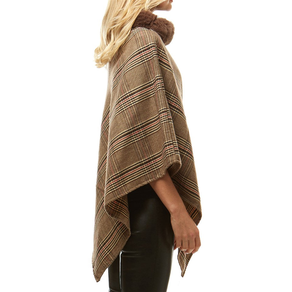 Cozy Warm Plaid Checkered Soft Faux Fur Collar Poncho, ensure your upper body stays perfectly toasty when the temperatures drop, classic, gently nestles around the neck and feels so comfortable to wear. An eye catcher, will become your favorite accessory, coordinates with all your winter outfits.  Ideal Holiday Gift