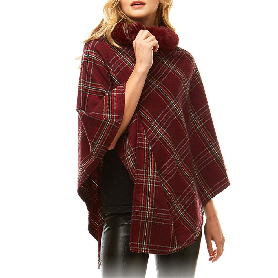 Cozy Warm Plaid Checkered Soft Faux Fur Collar Poncho, ensure your upper body stays perfectly toasty when the temperatures drop, classic, gently nestles around the neck and feels so comfortable to wear. An eye catcher, will become your favorite accessory, coordinates with all your winter outfits.  Ideal Holiday Gift