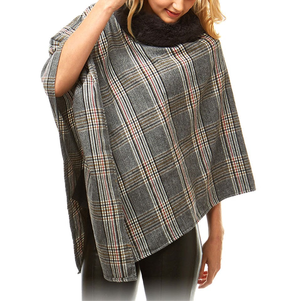 Cozy Warm Plaid Checkered Soft Faux Fur Collar Poncho, ensure your upper body stays perfectly toasty when the temperatures drop, classic, gently nestles around the neck and feels so comfortable to wear. An eye catcher, will become your favorite accessory, coordinates with all your winter outfits.  Ideal Holiday Gift