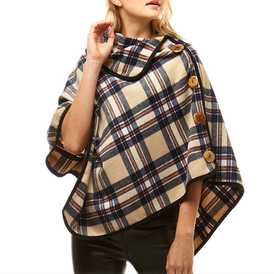 Beige Tartan Plaid Poncho Tartan Plaid High Neck Buttons Poncho Tartan Plaid Ruana High Neck Poncho Tartan Buffalo Plaid Poncho Shawl Wrap Perfect Birthday Gift & Holiday Gift!