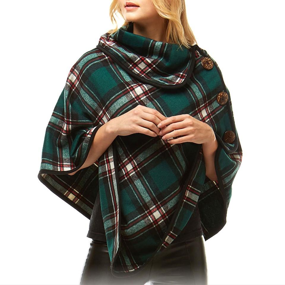 Green Tartan Plaid Poncho Tartan Plaid High Neck Buttons Poncho Tartan Plaid Ruana High Neck Poncho Tartan Buffalo Plaid Poncho Shawl Wrap Perfect Birthday Gift & Holiday Gift!