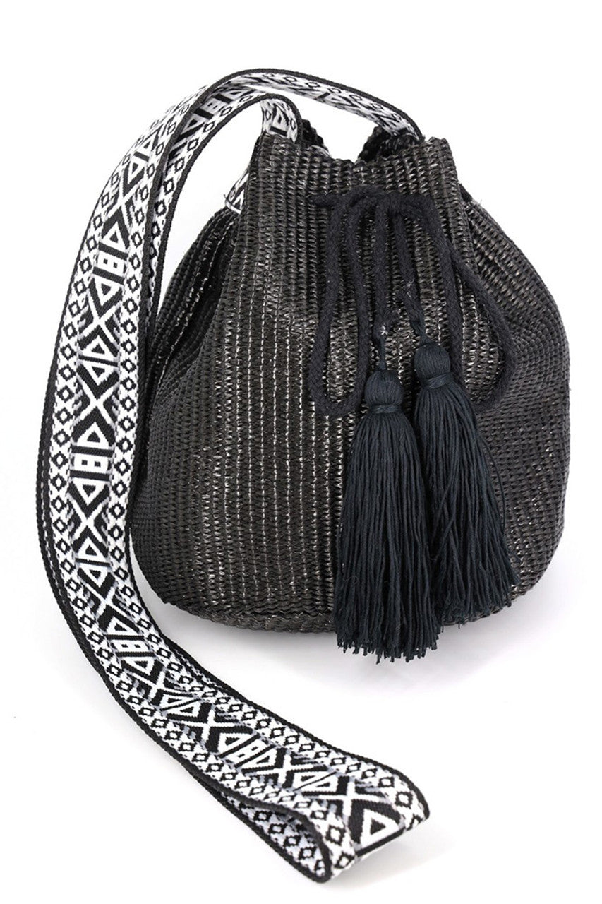 Aztec Pattern Strap Solid Bucket Bag - Black - Bucket Bag