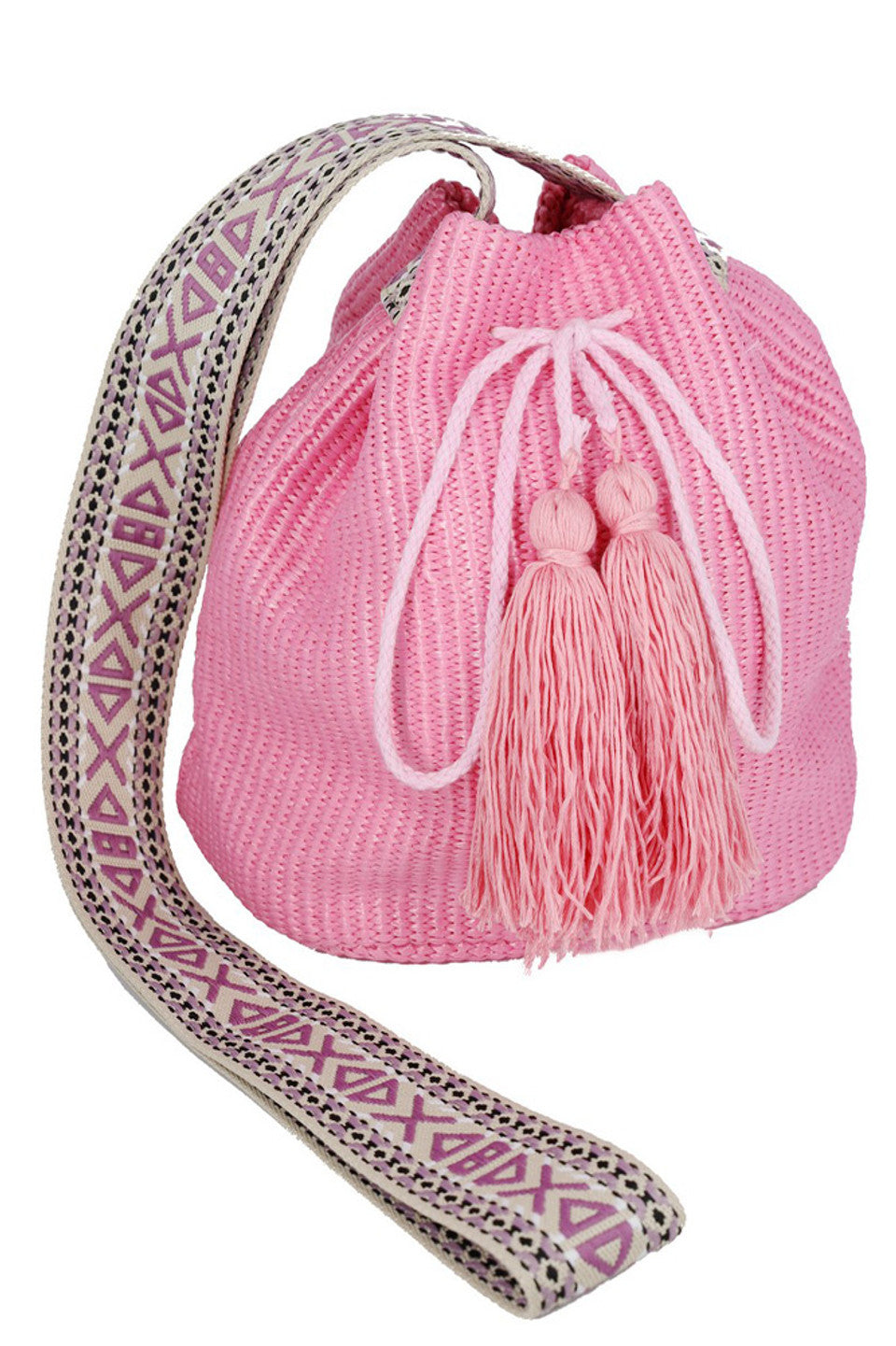 Aztec Pattern Strap Solid Bucket Bag - Pink - Bucket Bag