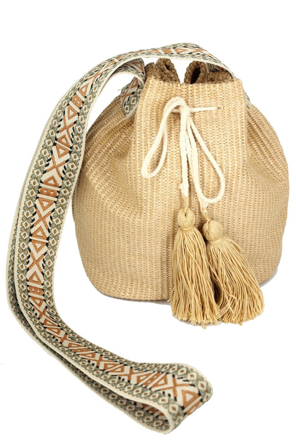 Aztec Pattern Strap Solid Bucket Bag - Taupe - Bucket Bag