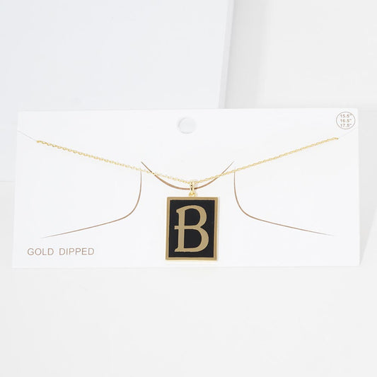 Gold -B- Gold Dipped Enamel Rectangle Initial Monogram Pendant Necklace