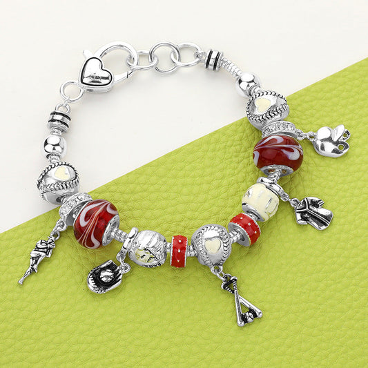 Antique Silver, Multi Baseball Charm Multi Bead Bracelet