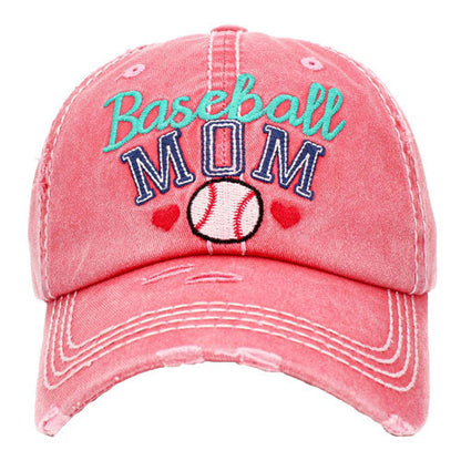Pink Baseball MOM Vintage Baseball Cap. Fun cool Mother Sports themed vintage cap. Perfect for walks in sun, great for a bad hair day. The distressed frayed style with faded color gives it an awesome vintage look. Soft textured, embroidered message with fun statement will become your favorite cap.