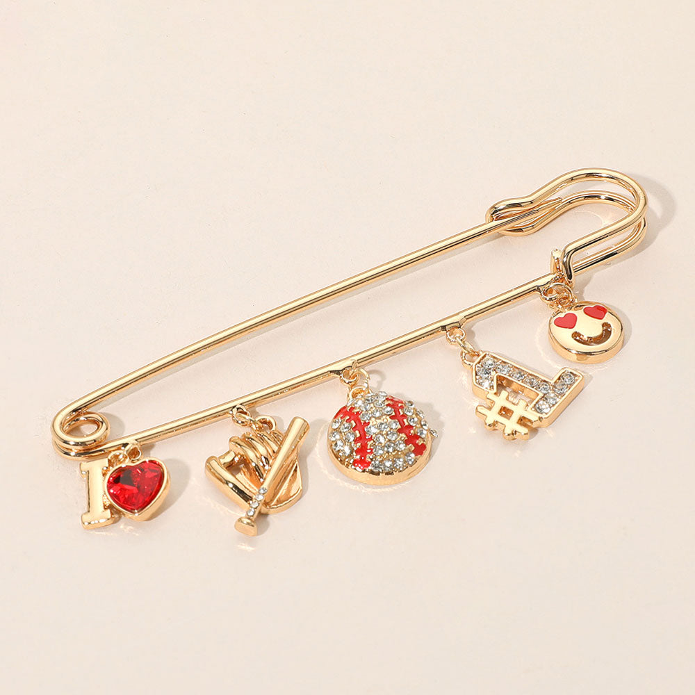 Clear, Gold Baseball Theme Charm Safety Pin Brooch