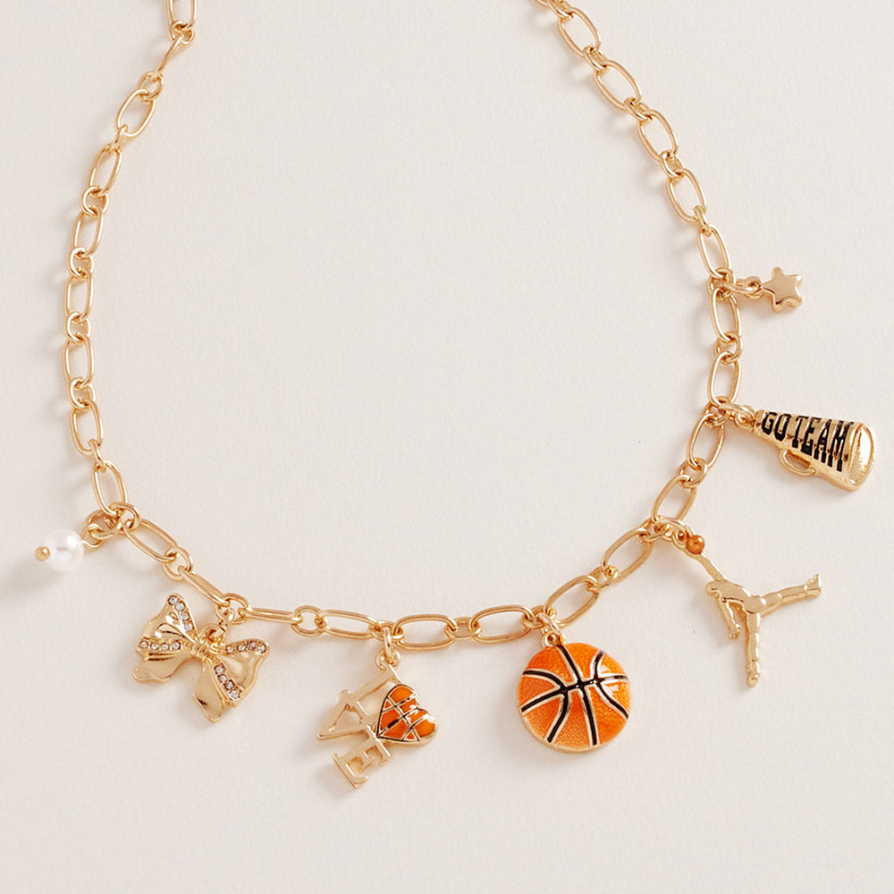 Gold, Orange Basketball Bow Pearl Charm Necklace