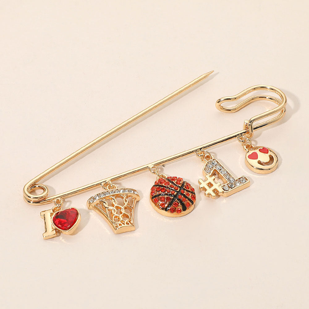 Gold, Orange Basketball Theme Charm Safety Pin Brooch
