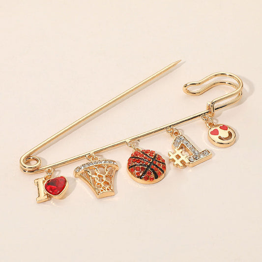 Gold, Orange Basketball Theme Charm Safety Pin Brooch
