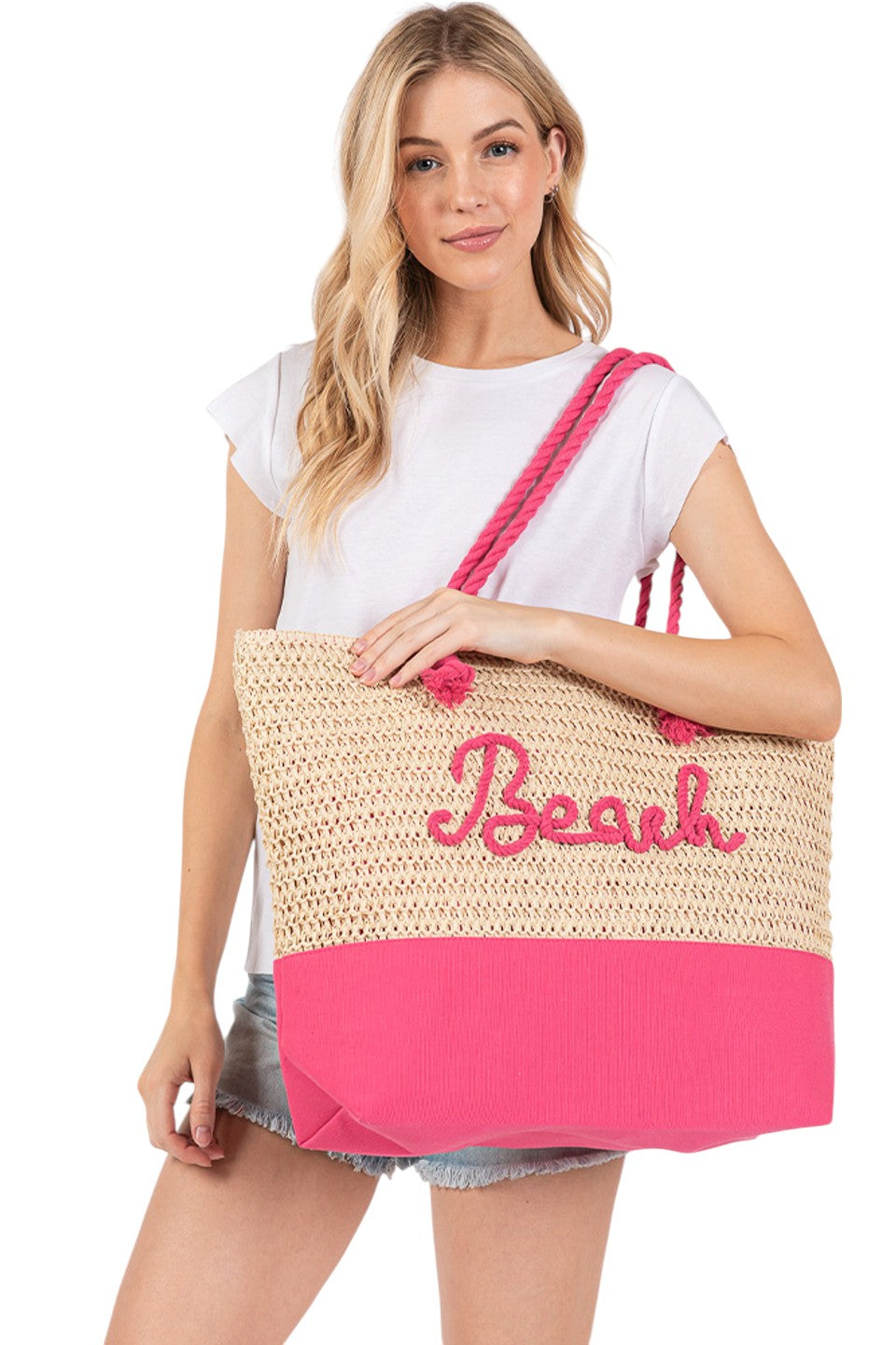 BEACH Letter Color Sewn Rope and Crochet Strap Bag combines artisanal craftsmanship with practical design. Featuring a durable rope body accented by colorful sewn lettering and a hand-crocheted strap, this bag offers both style and comfort. Its lightweight construction makes it ideal for beach outings, while the spacious interior accommodates essentials effortlessly. Perfect for those seeking a unique accessory that blends texture and vibrant detail with everyday functionality. 