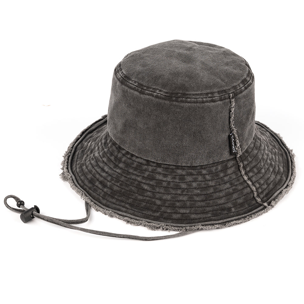 C.C Washed Denim Bucket Hat Detachable Drawstring 3" Brim 100% Cotton