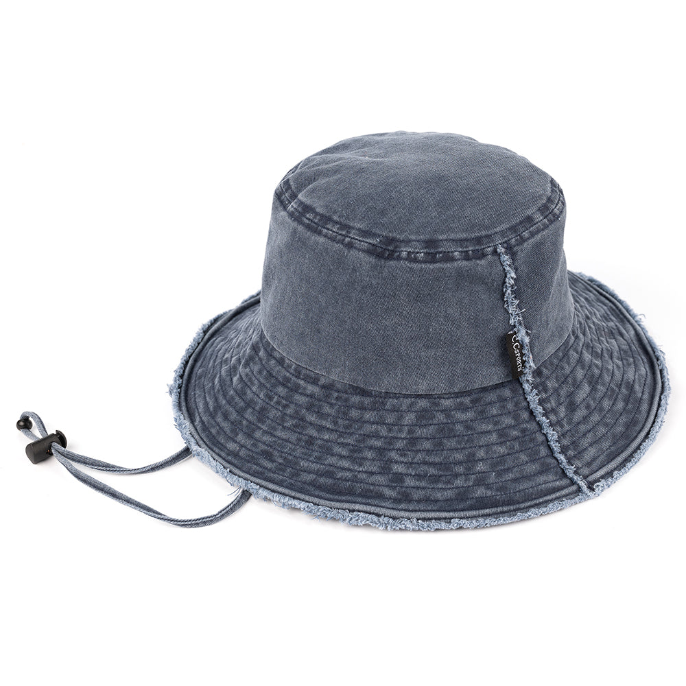 C.C Washed Denim Bucket Hat Detachable Drawstring 3" Brim 100% Cotton