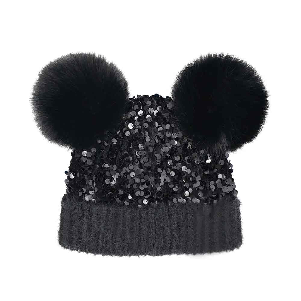 Black BABY Cluster Sequin Faux Fur Double Pom C.C Beanie combines style and warmth for your little one. Crafted with soft faux fur and adorned with shimmering sequins, it offers a cozy fit while adding a playful sparkle. The double pom design enhances its charm, making it a fashionable yet functional accessory for cold days. Ideal for keeping babies snug without compromising on trendy appeal. 