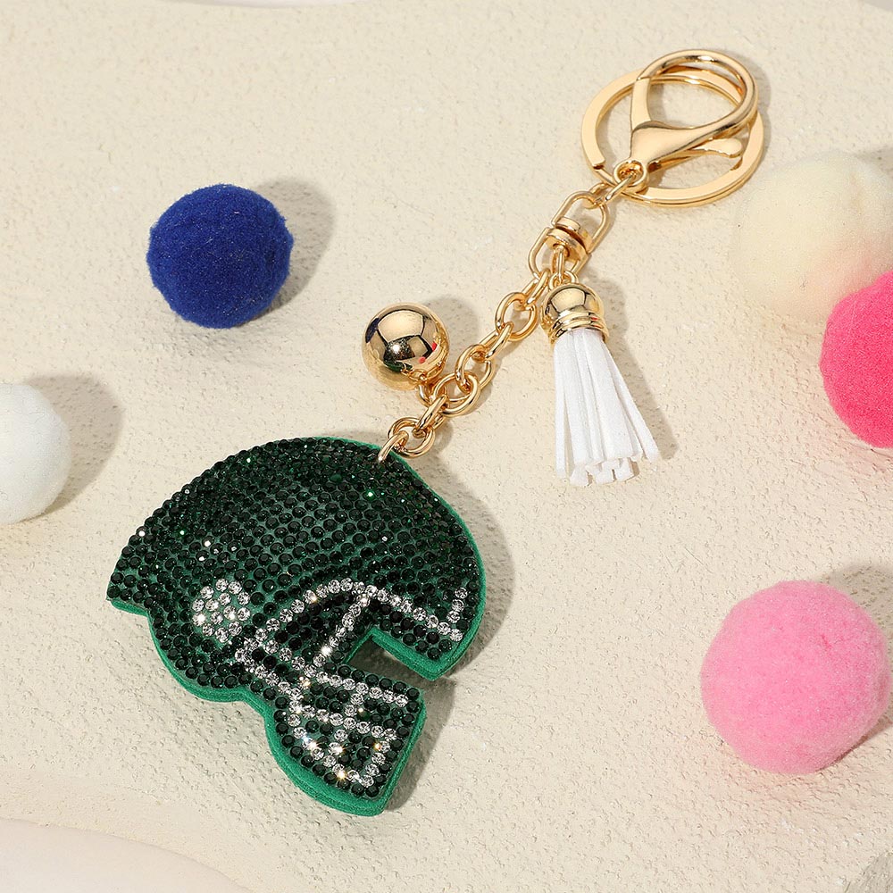Green, White Bling Studded Football Helmet Keychain / Bag Charm