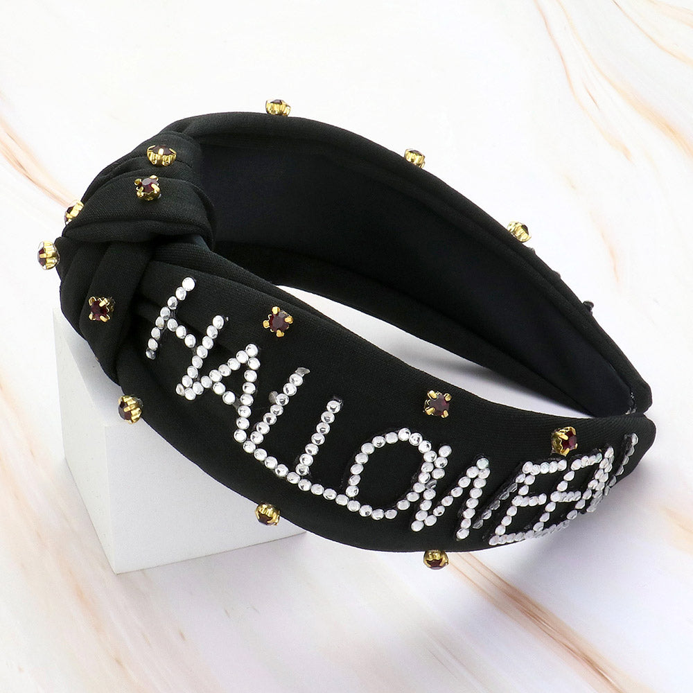 Black Bling Studded HALLOWEEN Message Pointed Stone Cluster Embellished Knot Headband
