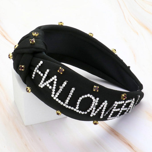 Black Bling Studded HALLOWEEN Message Pointed Stone Cluster Embellished Knot Headband
