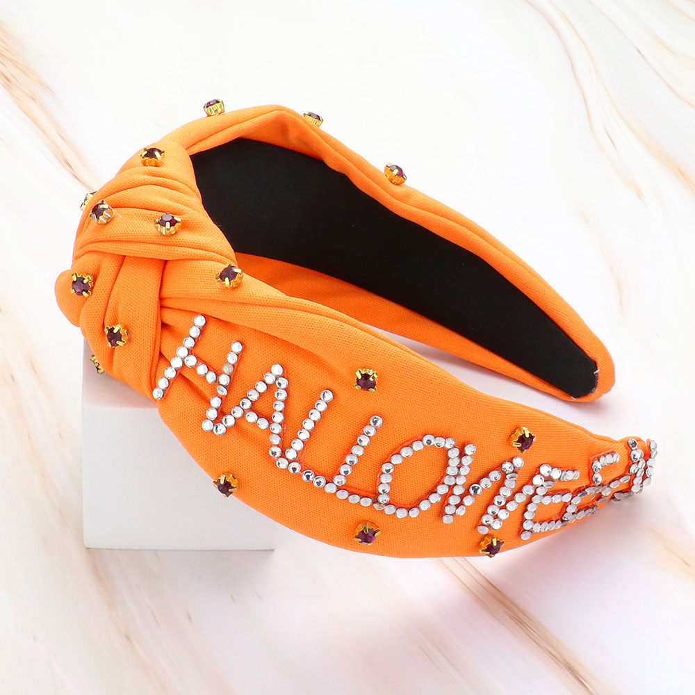 Orange Bling Studded HALLOWEEN Message Pointed Stone Cluster Embellished Knot Headband