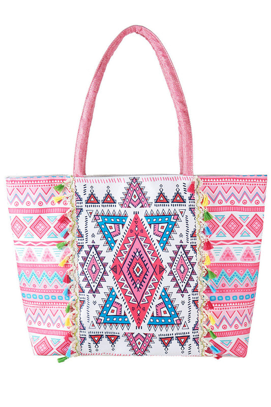 Boho Pattern Print Color Tassels Summer Tote Bag combines vibrant design with practical functionality. Crafted for warm-weather outings, its spacious interior effortlessly accommodates essentials, while the colourful tassels and intricate boho patterns add a stylish, artisanal touch. Durable and lightweight, this tote is ideal for beach trips, casual shopping, or everyday use, offering both aesthetic appeal and convenience. 