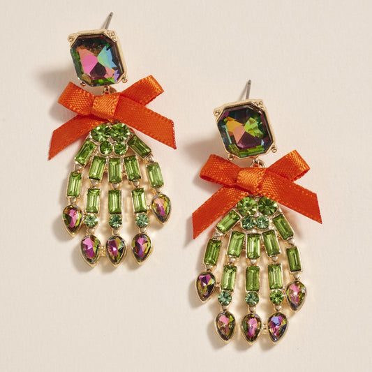 Gold, Green Bow Accent Glass Stone Skeleton Hand Dangle Earrings
