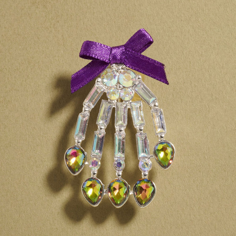 AB, Silver Bow Accent Glass Stone Skeleton Hand Pin Brooch
