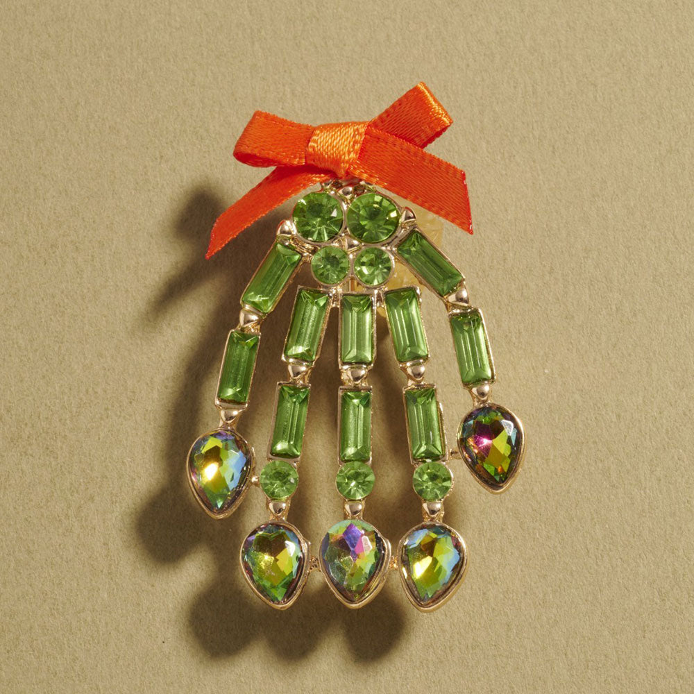 Gold, Green Bow Accent Glass Stone Skeleton Hand Pin Brooch