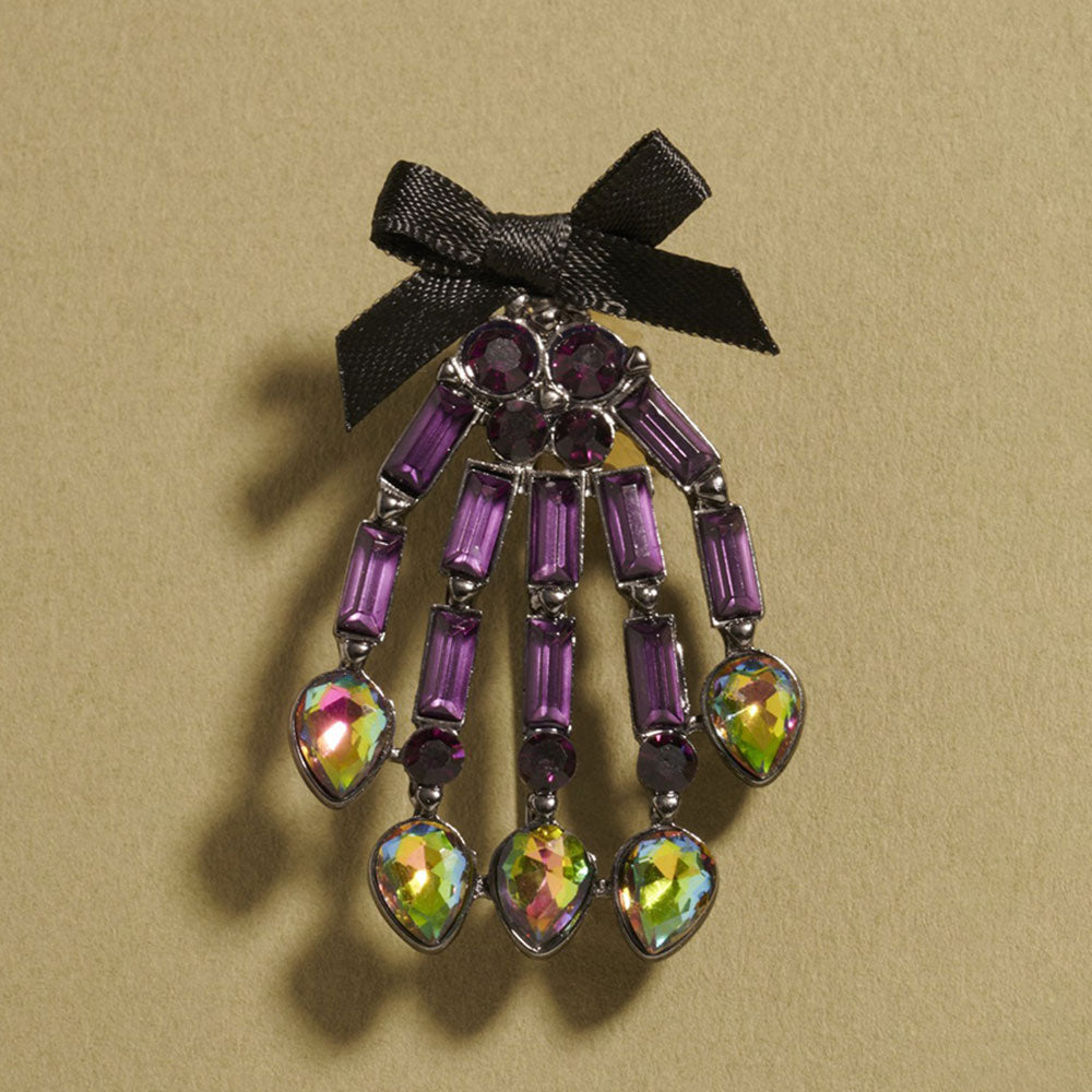 Hematite, Purple Bow Accent Glass Stone Skeleton Hand Pin Brooch