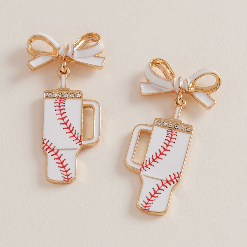 White Bow Baseball Themed Tumbler Dangle Earrings