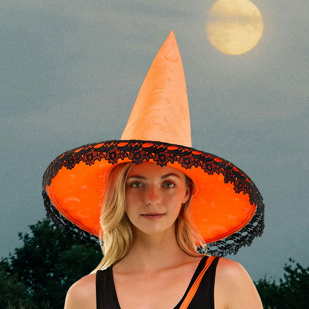 Orange Bow Pointed Flower Lace Around Halloween Witch Hat