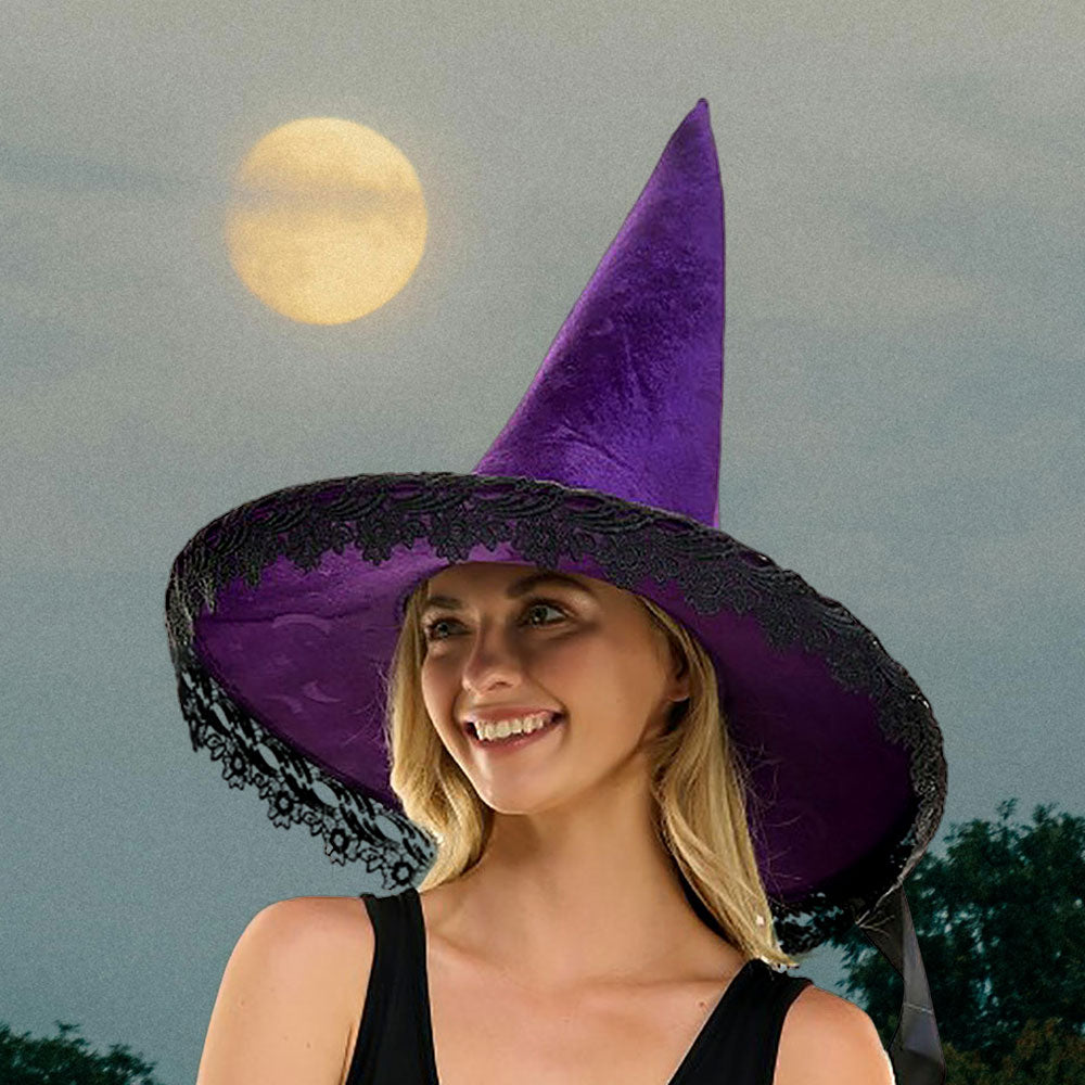 Purple Bow Pointed Flower Lace Around Halloween Witch Hat