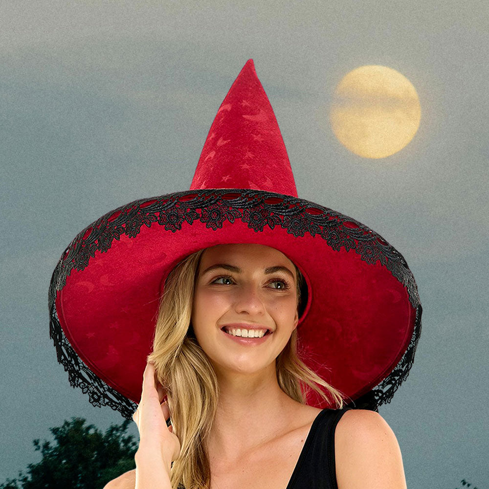 Red Bow Pointed Flower Lace Around Halloween Witch Hat