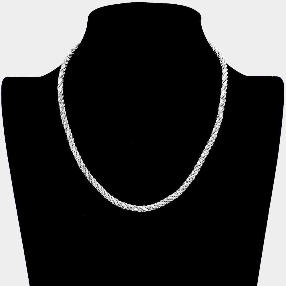 Rhodium Braided Metal Chain Necklace