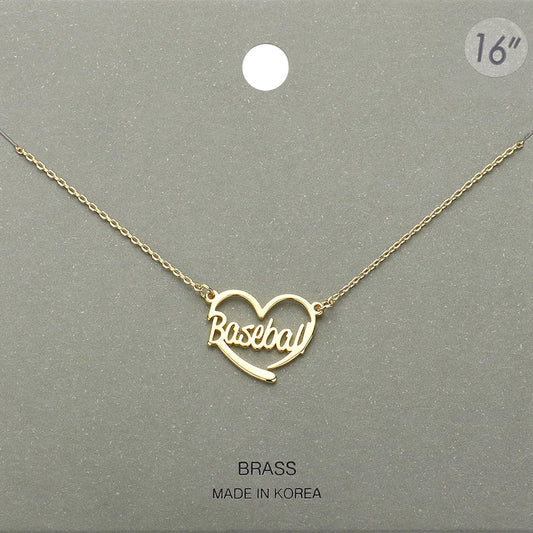 Gold Brass Metal Baseball Heart Pendant Necklace