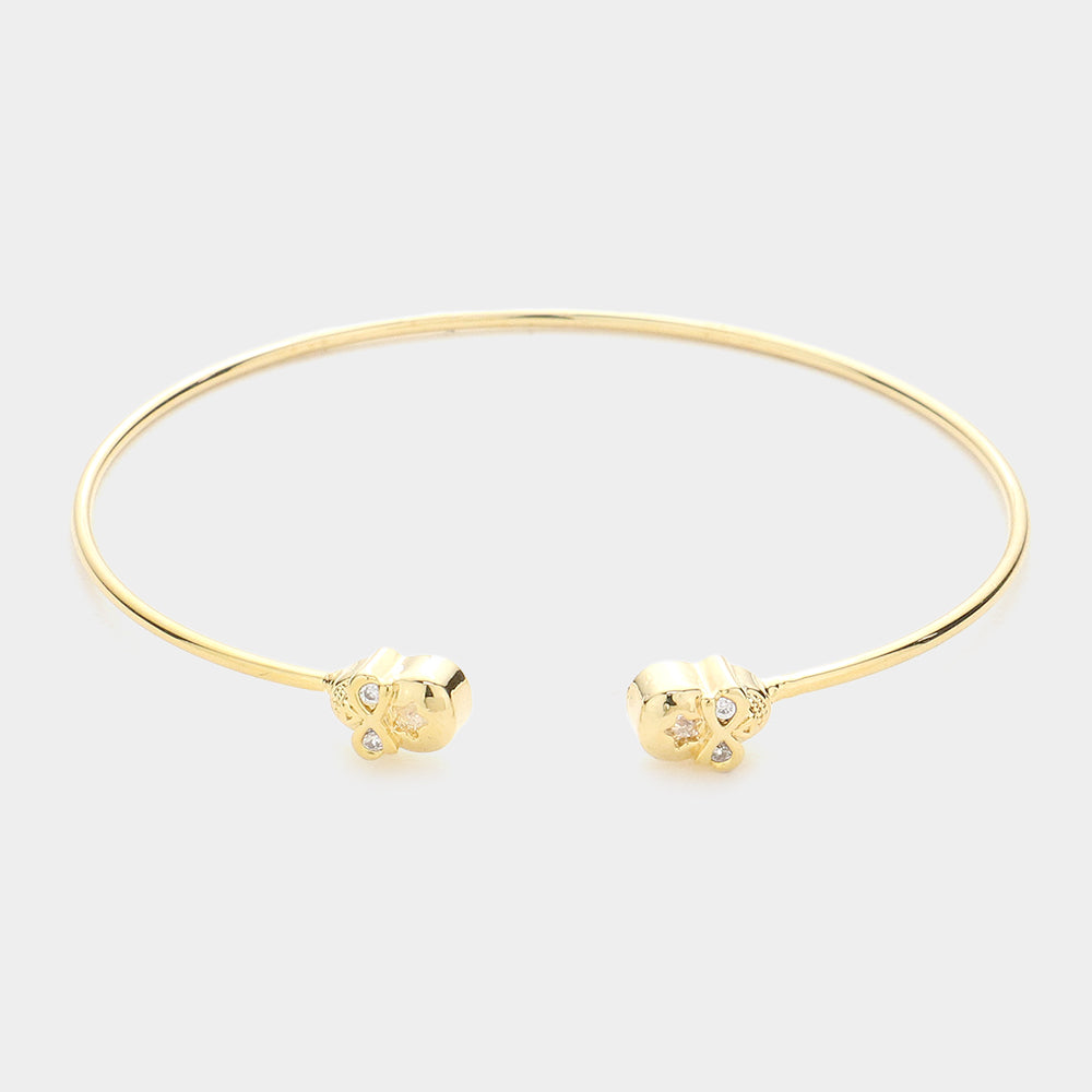 Gold Brass Metal CZ Embellished Skull Tip Cuff Bracelet