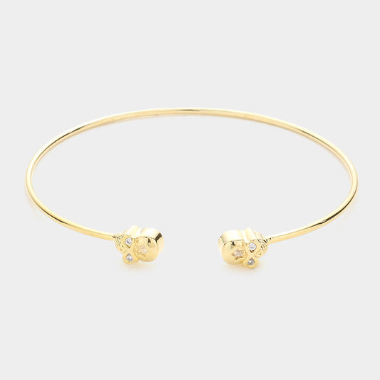 Gold Brass Metal CZ Embellished Skull Tip Cuff Bracelet