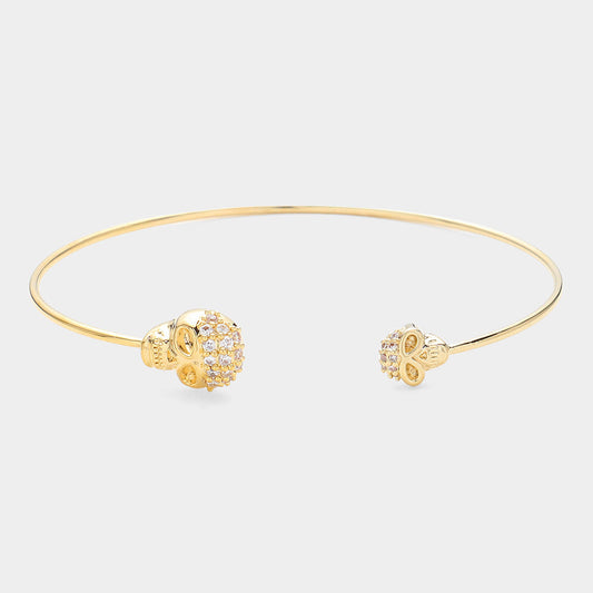Gold Brass Metal CZ Skull Tip Cuff Bracelet