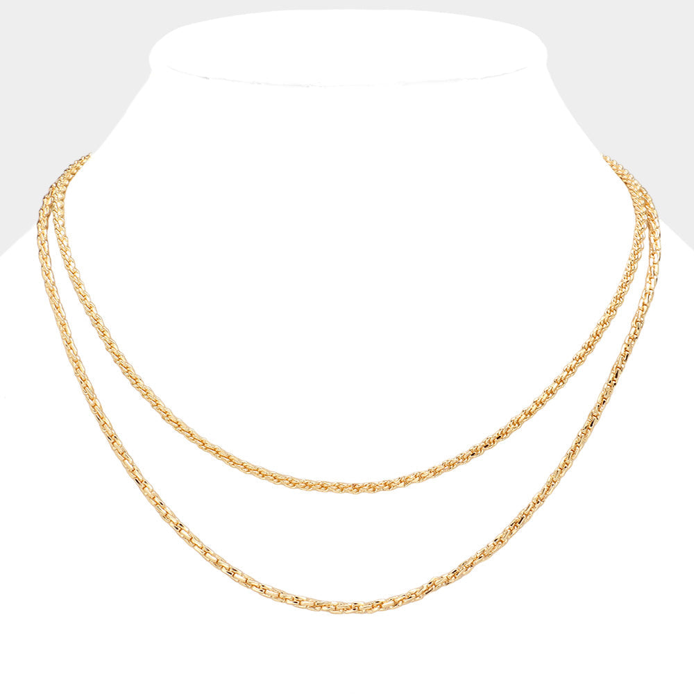 Gold Brass Metal Double Layered Chain Necklace