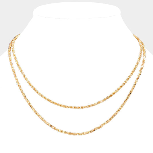 Gold Brass Metal Double Layered Chain Necklace