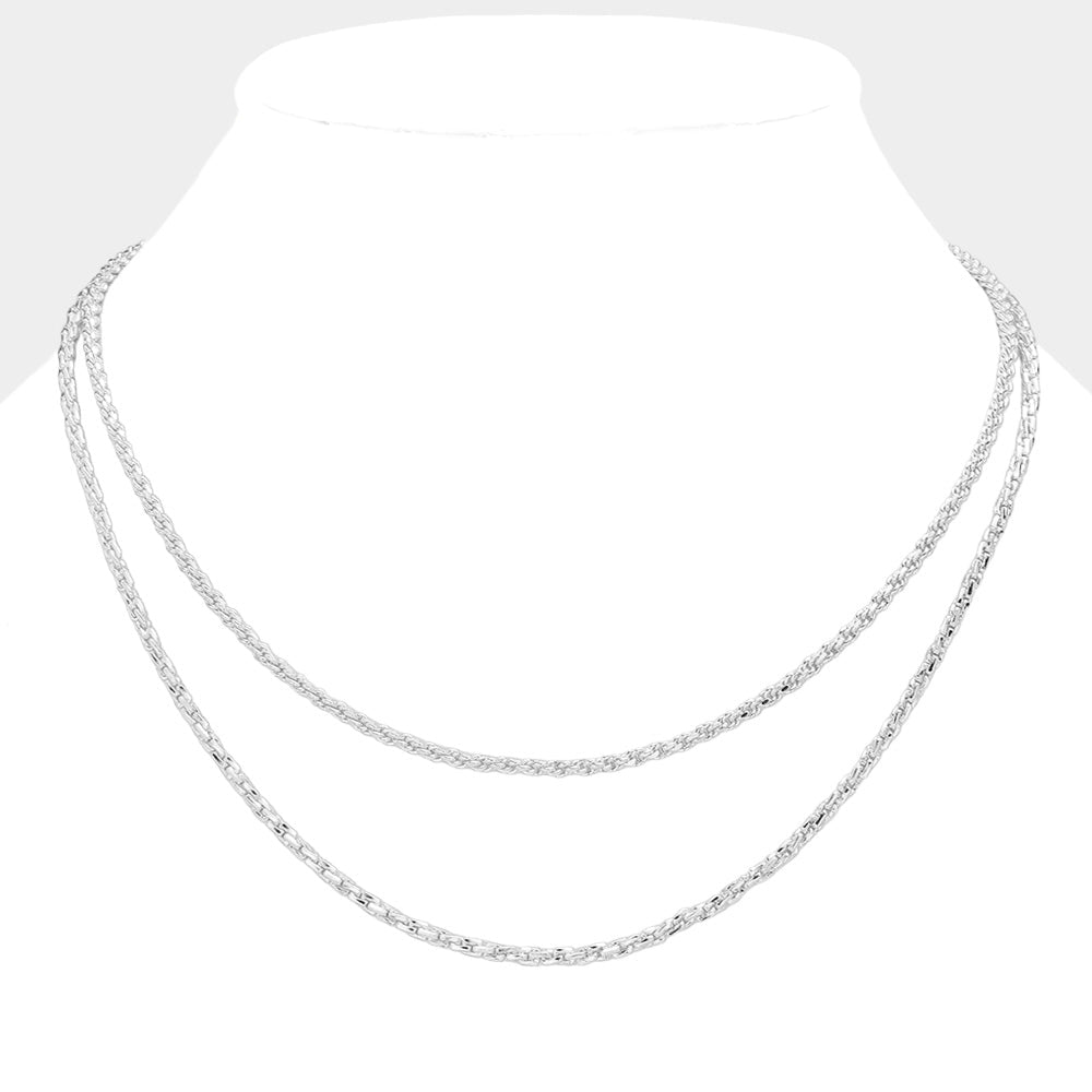 Rhodium Brass Metal Double Layered Chain Necklace
