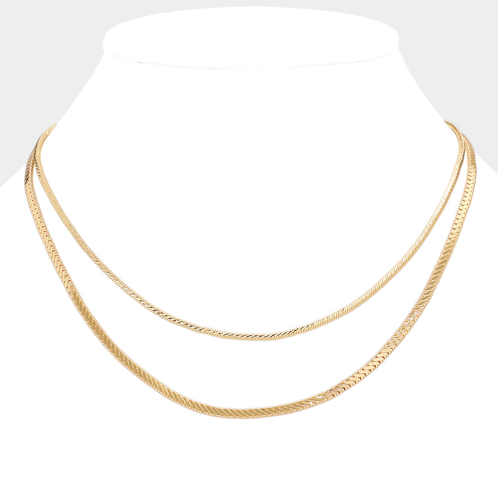 Gold Brass Metal Double Layered Chevron Chain Necklace